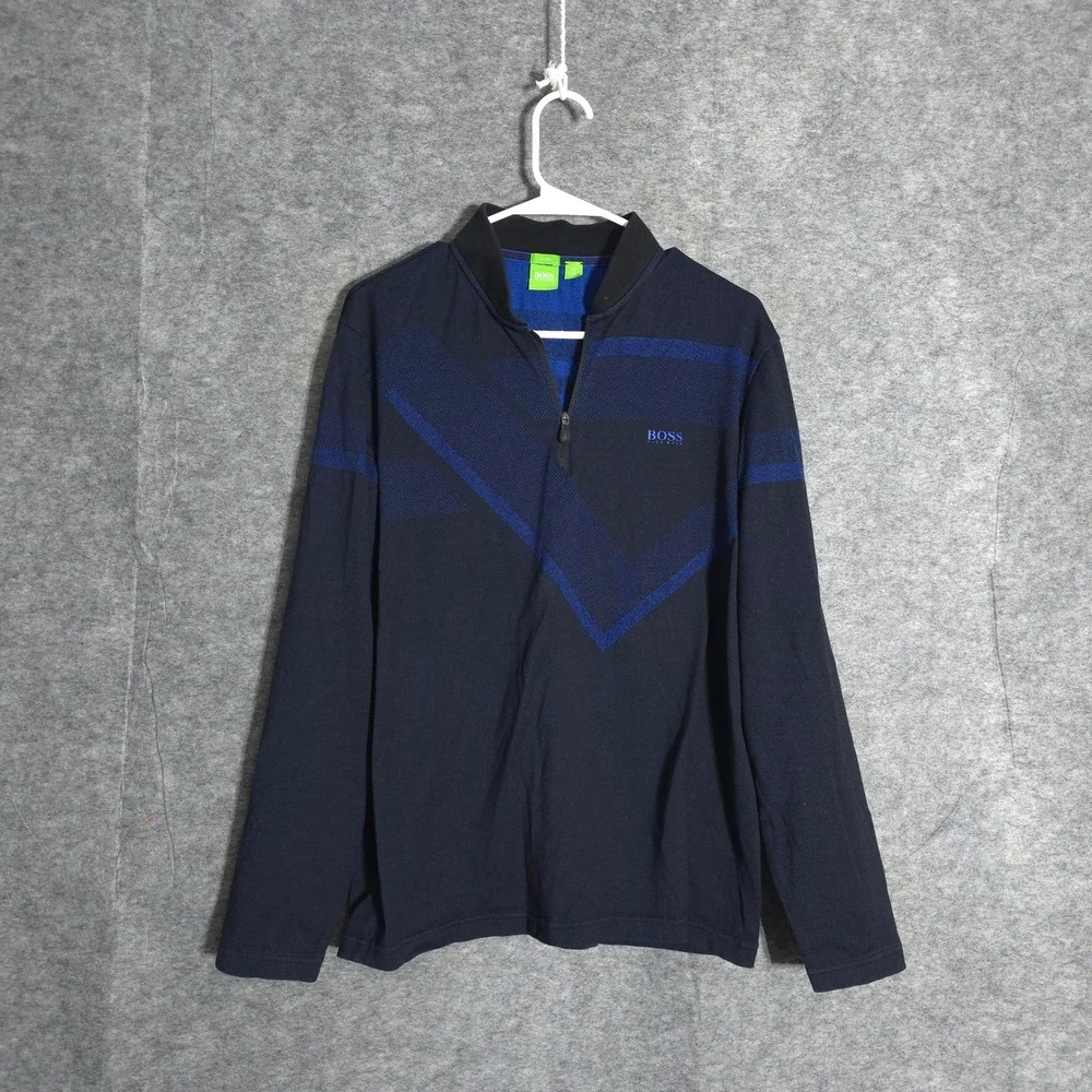Hugo Boss Pullover Mens L Navy Blue Quarter Zip Slim Fit‎ Geometric Knit Sweater